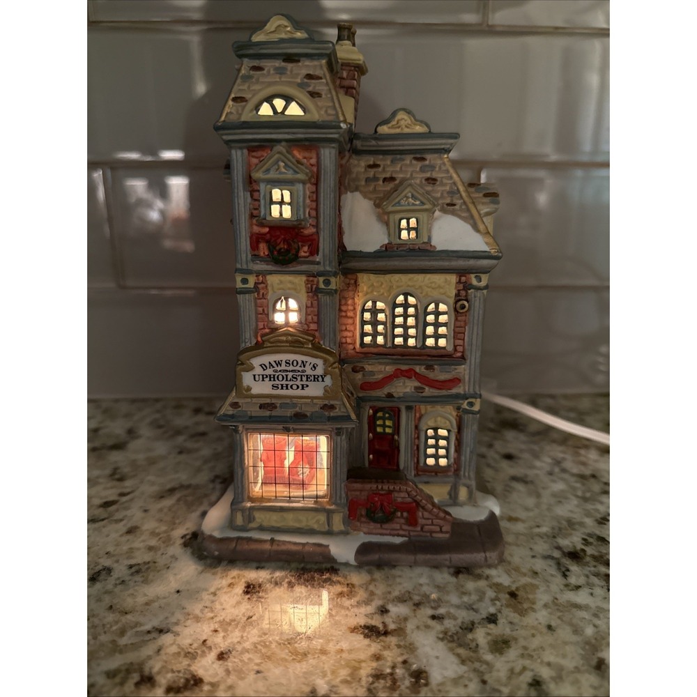 Lemax Caddington Village 2003 Fire Dawson's Upholstery Porcelain Lighted Shop